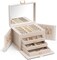 Jewelry Box 4-Tier,Jewelry Boxes & Organizers with Handle,3 Drawers Travel Jewelry Case with Mirror,Jewelry Storage,Earrings Necklace Rings Valentine Birthday Gift for Women Girl Apricot White